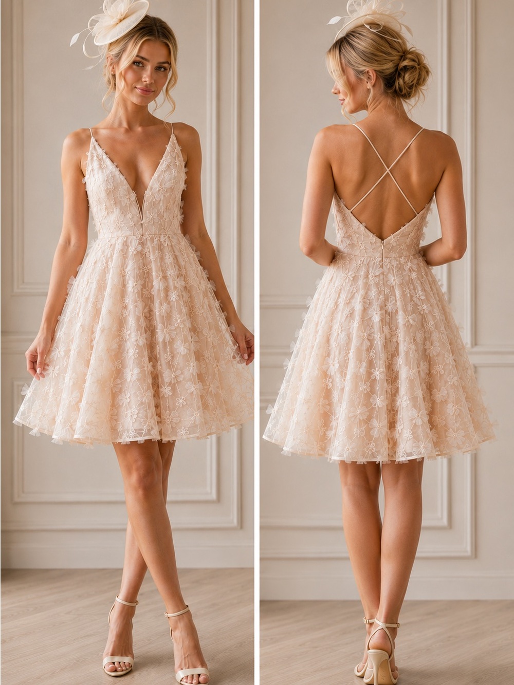 Plunge Neck Blush Lace A-Line Mini Dress